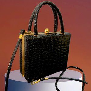 BLACK QUILTED PATENT LEATHER MINI SHOULDER BAG